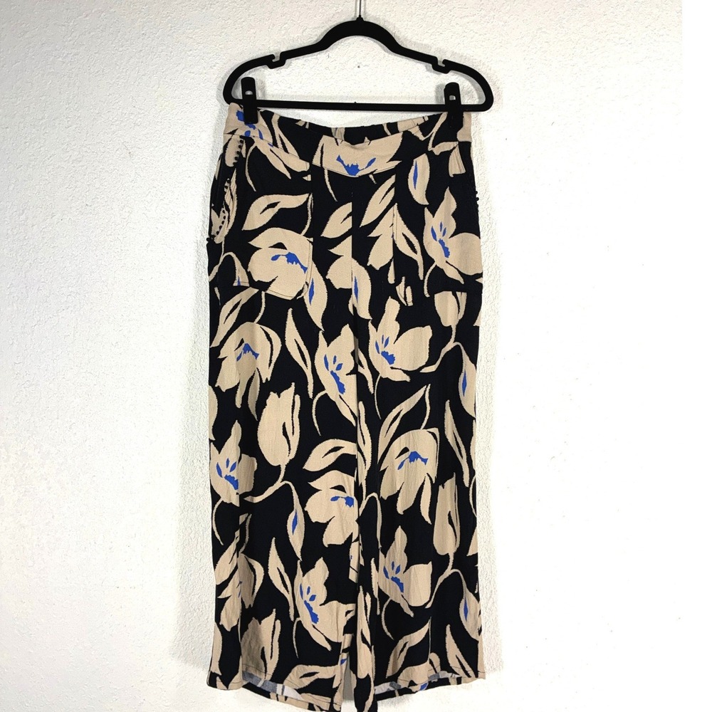Cupio Blush Womens Floral Wide Leg Pants Black Tan Blue Pom Trim Size M